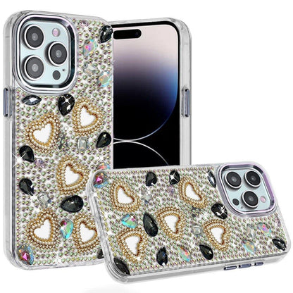 Phone Case for Apple iPhone 14 Pro Max Luxury Crystal Heart Rhinestone Diamond Bling Shockproof Hybrid Glitter Protective Stylish Durable Grip Cover