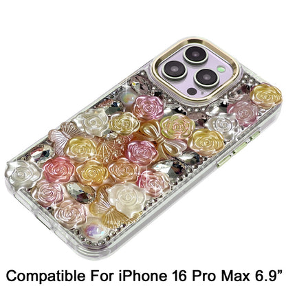 For iPhone 16 Pro Max (6.9") Muti-Color Floral Fashion Bling Crystal 3D Full Diamonds Stones Sparkle Rhinestone Glitter Hybrid Case Cover
