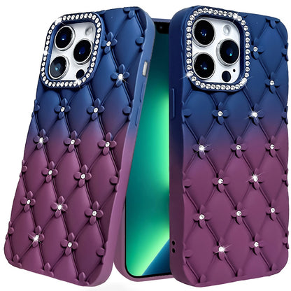 For Samsung Galaxy S25 Ultra Fashion Flower Design Sparkle Glitter Shimmer Rhinestone Bling Floral Accents, Leather Texture TPU Case Cover Dark Blue /Burgundy