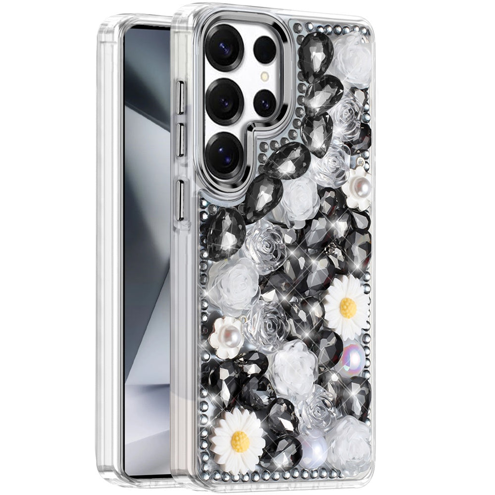 For Apple iPhone 16e Fashion Daisy Floral Series, Full 3D Bling Crystal Diamonds Sparkling Rhinestone Glitter Hybrid Design Case Cover