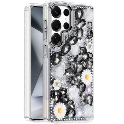 For Apple iPhone 16e Fashion Daisy Floral Series, Full 3D Bling Crystal Diamonds Sparkling Rhinestone Glitter Hybrid Design Case Cover
