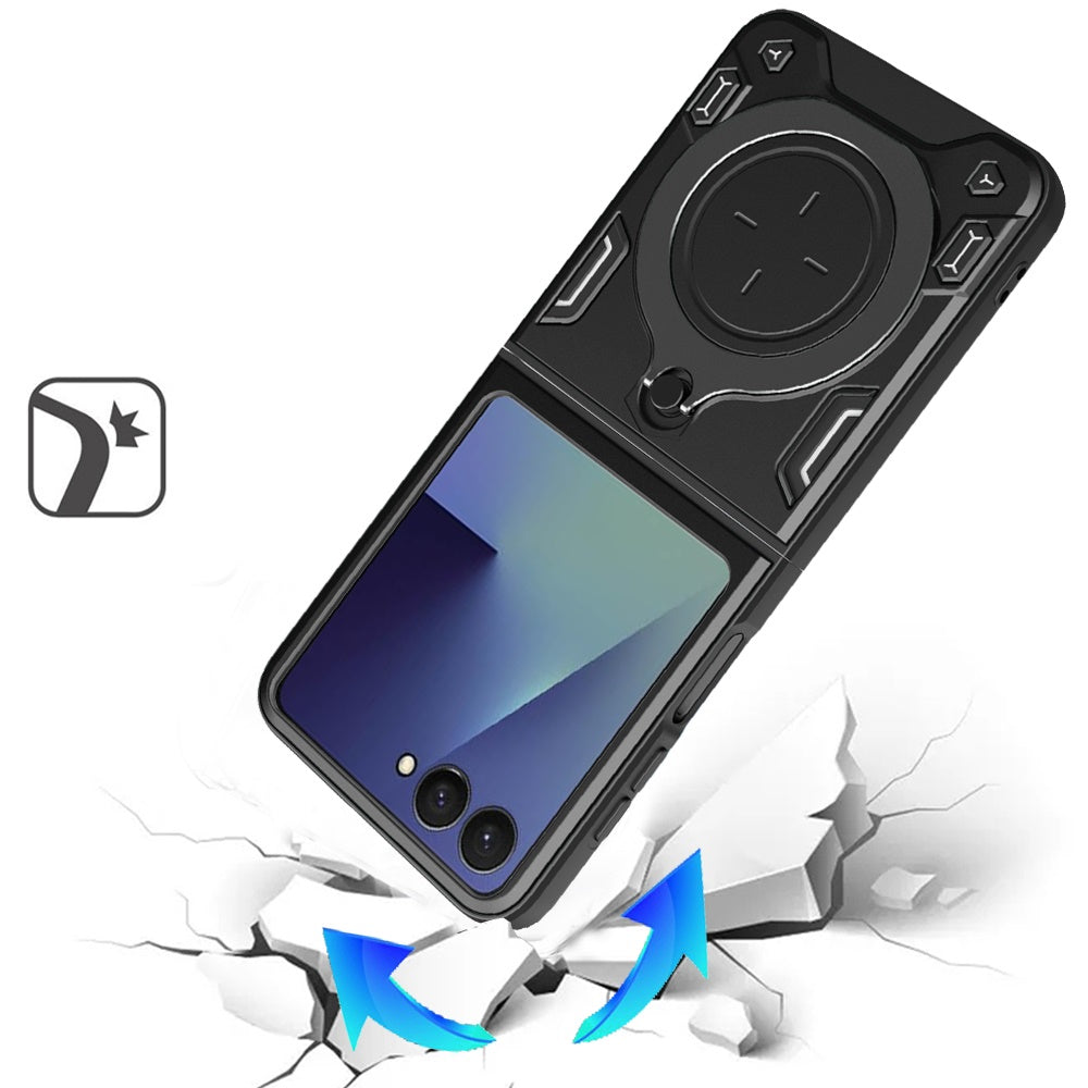 Phone Case for Samsung Galaxy Z Flip 8 Magnetic Ring Stand Shockproof Hybrid Full Camera Slide Guard Anti Slip Heavy Duty Protective Armor Cover Black