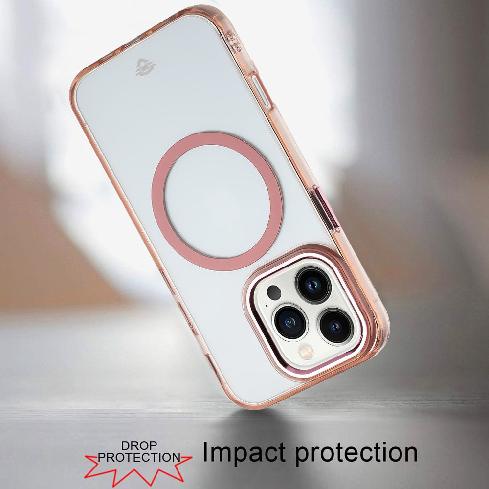 For Apple iPhone 14 Pro Transparent Back Hybrid Case - Magnetic Circle, Color Frame, Metal Buttons, MagSafe Compatible Case Cover Rose Gold