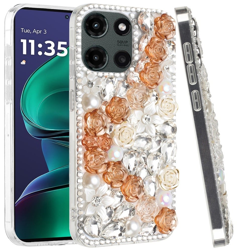 For Motorola Moto G Stylus 5G 2026 /2025 Fashion Rose Flower Floral, 3D Bling Crystal Full Diamonds Pearl Sparkle Rhinestone Glitter Hybrid Case Cover