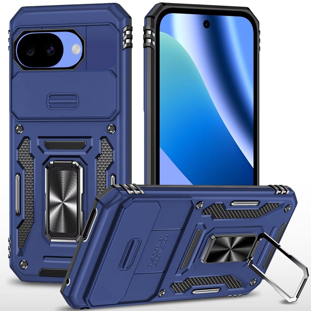 Phone Case for Google Pixel 10a Tough Metal Ring Shockproof Sliding Camera Window Hybrid Armor Rugged Anti Slip Heavy Duty Grip Cover Blue