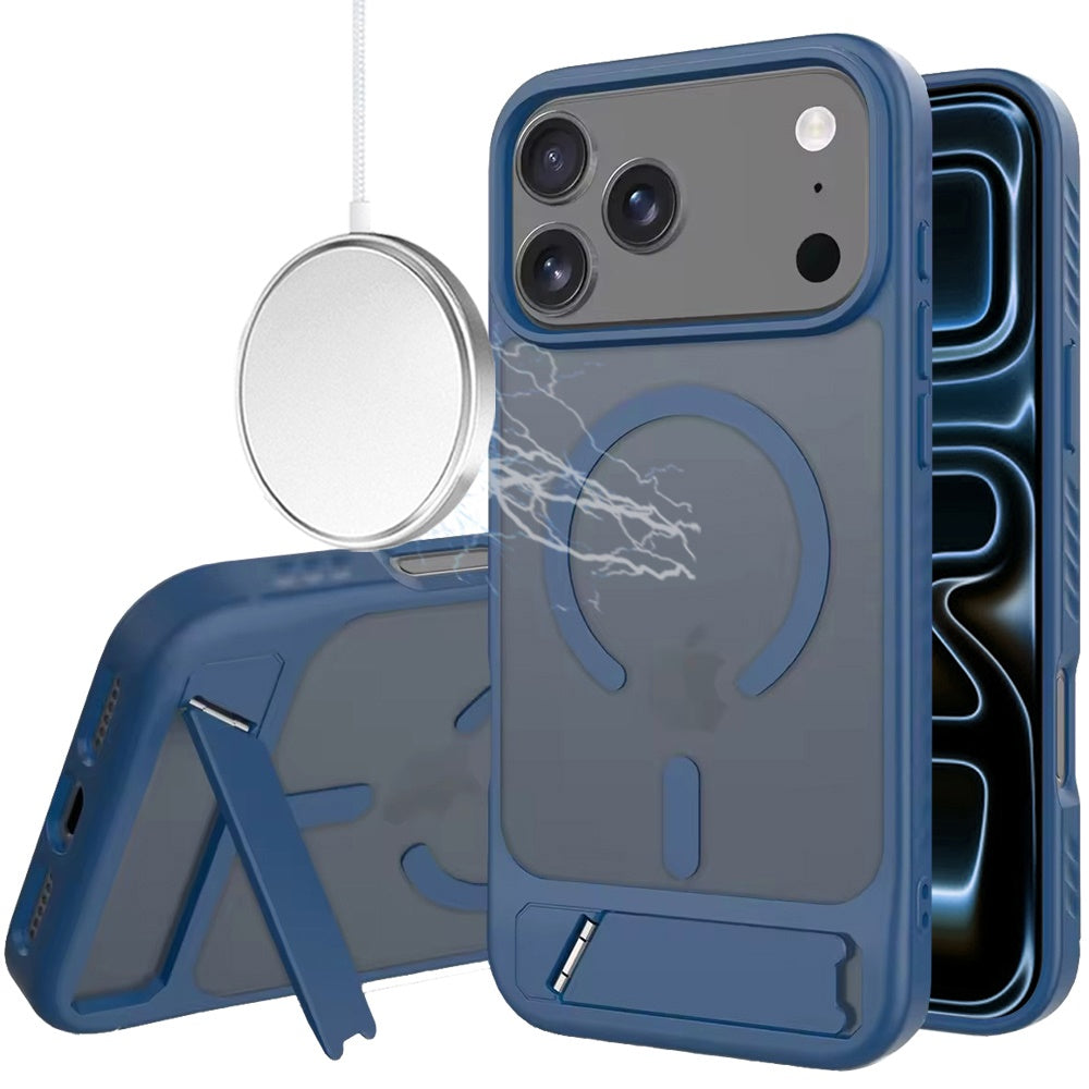 Phone Case for Apple iPhone 18 Pro Max Matte Magnetic Metal Kickstand Shockproof Grip Anti Slip Durable Protective Heavy Duty Hybrid Cover Blue