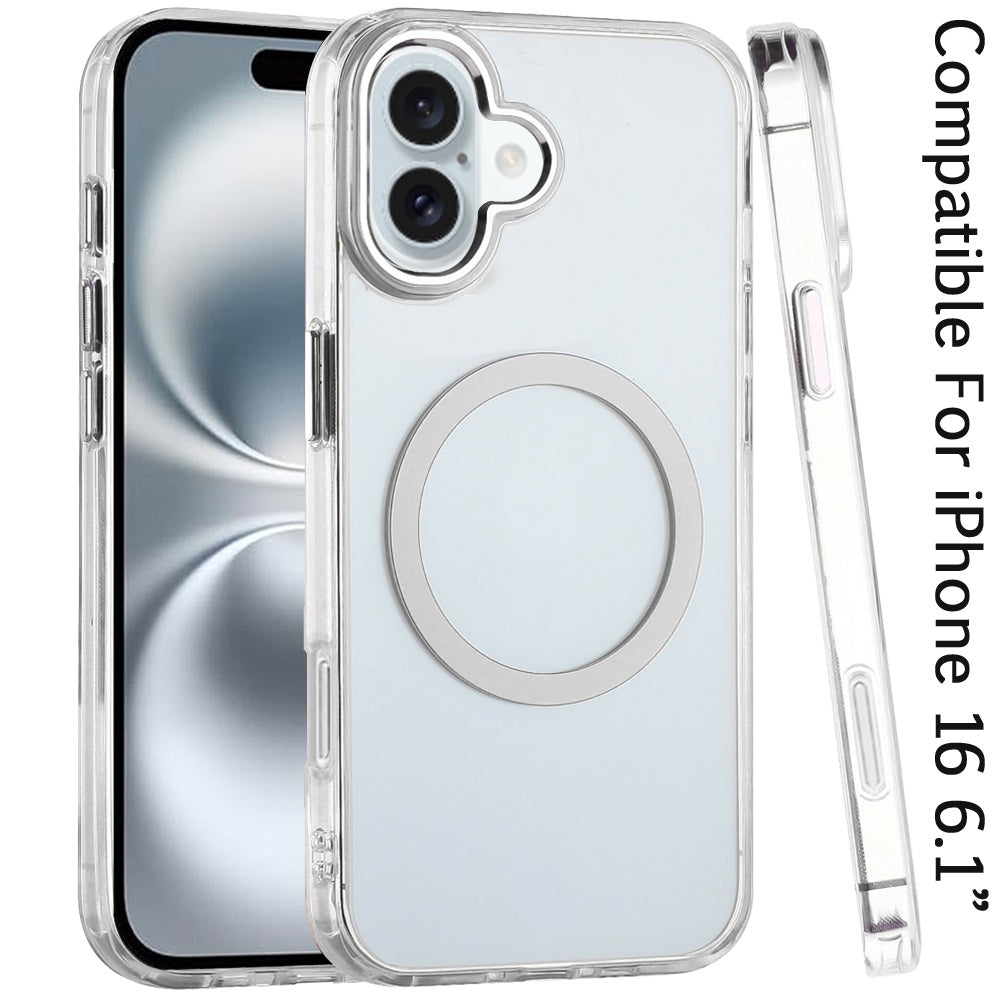 For iPhone 16 (6.1") Transparent Back Hybrid Case - Magnetic Circle, Color Frame, Metal Buttons, MagSafe Compatible Case Cover Clear