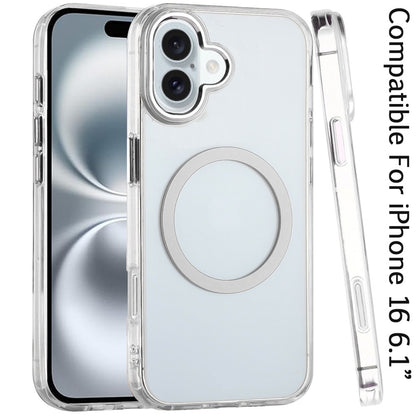 For iPhone 16 (6.1") Transparent Back Hybrid Case - Magnetic Circle, Color Frame, Metal Buttons, MagSafe Compatible Case Cover Clear
