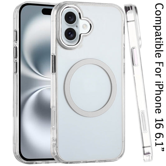 For iPhone 16 (6.1") Transparent Back Hybrid Case - Magnetic Circle, Color Frame, Metal Buttons, MagSafe Compatible Case Cover Clear