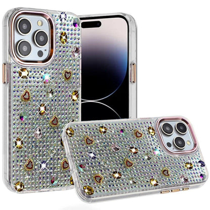Phone Case for Apple iPhone 14 Pro Max Chrome Fashion Hybrid Bling Diamond Heart Rhinestone Decorative Stones Sparkling Embellished Design Cover
