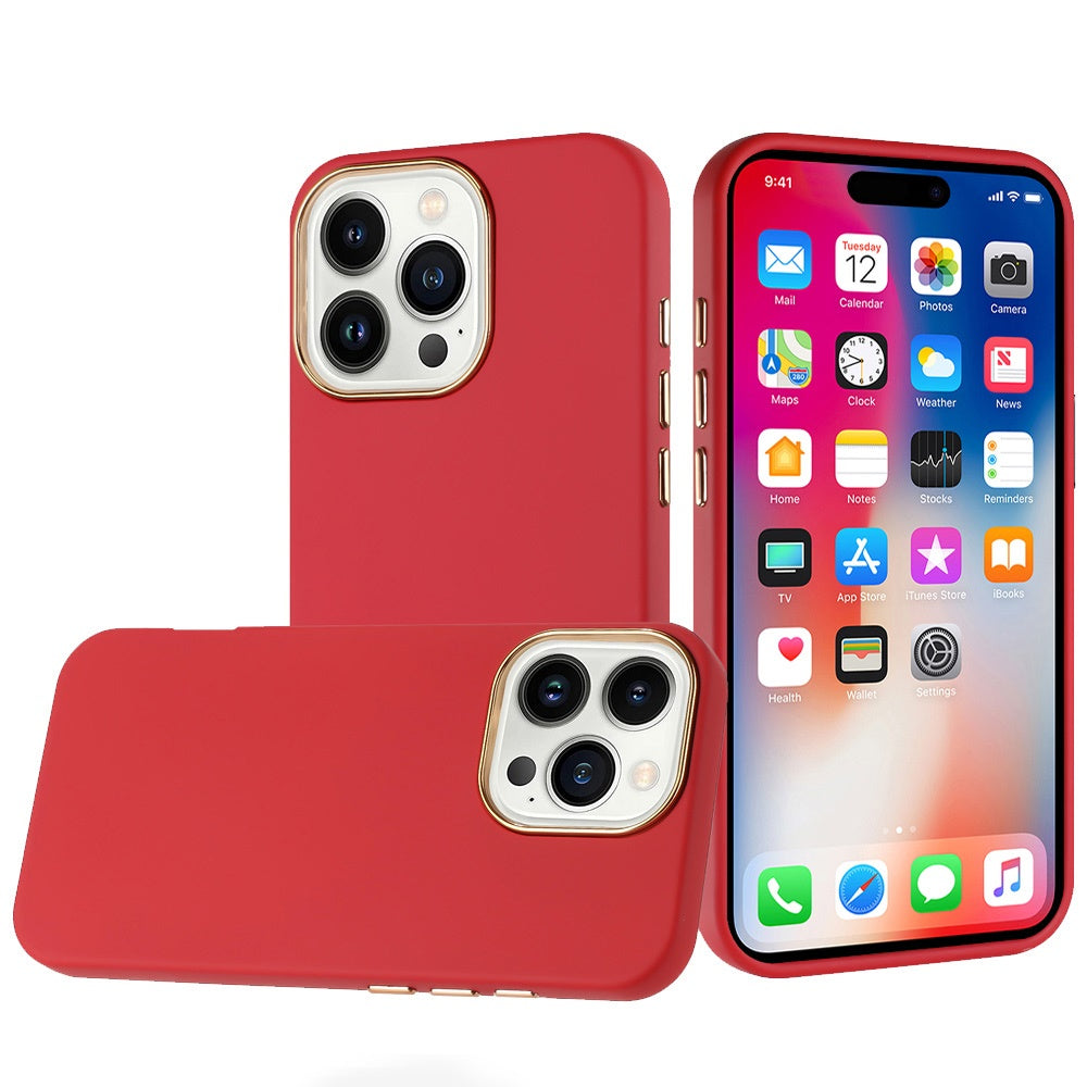 For Apple iPhone 16 Pro Slim Classic Hybrid Around Rubber Gummy Gel Slick Hard PC Silicone TPU Chromed Button Case Cover Red