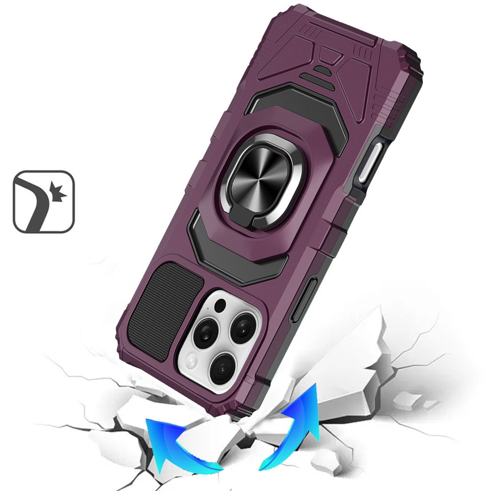 Phone Case for iPhone 16 Pro Max Rugged Hybrid Dual Layer Magnetic Ring Stand Armor Shock Absorbing Heavy Duty TPU Reinforced Bumper Cover Purple