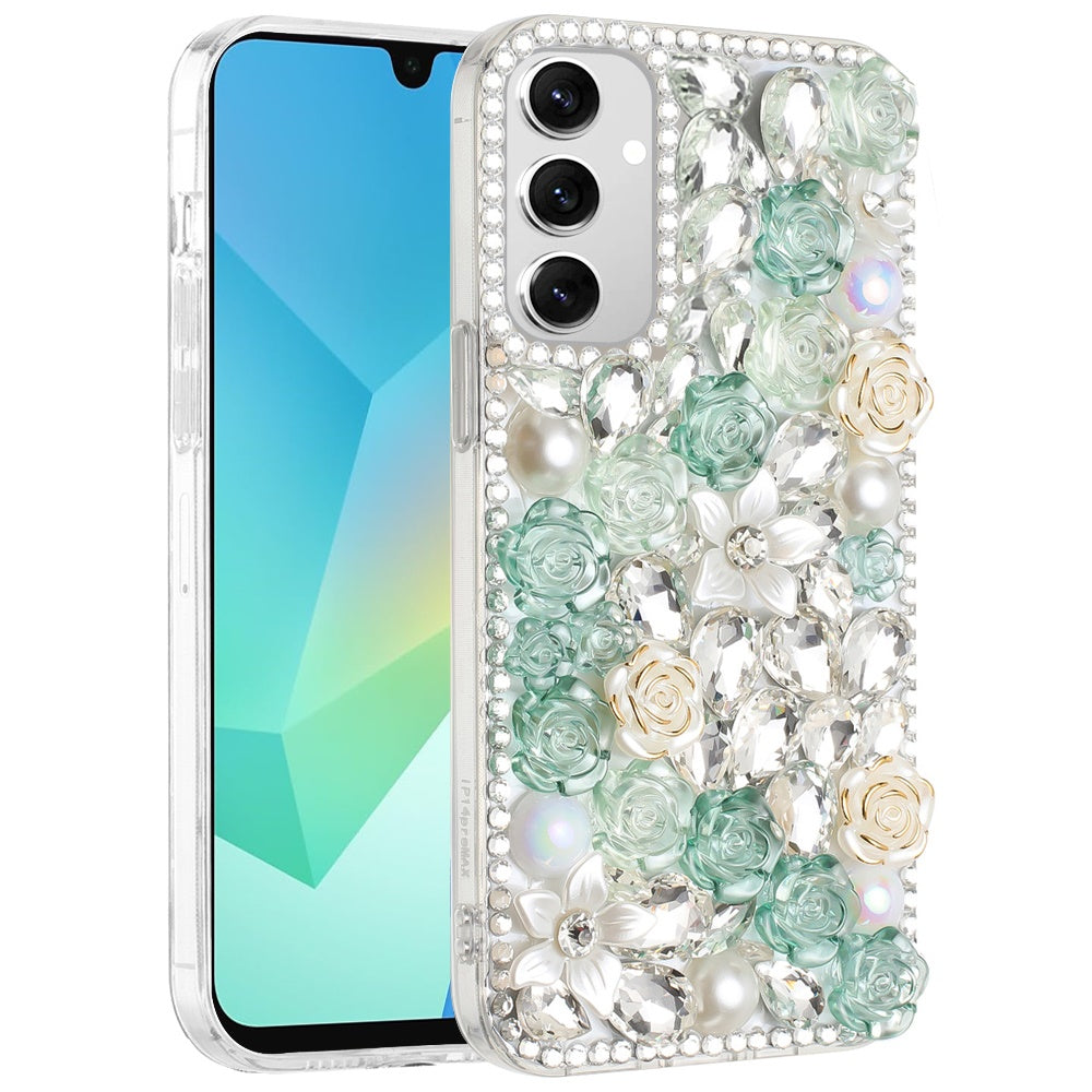For Apple iPhone 16e Fashion Rose Flower Floral Bling Crystal 3D Full Diamonds Pearl Sparkle Rhinestone Glitter Hybrid Case Cover