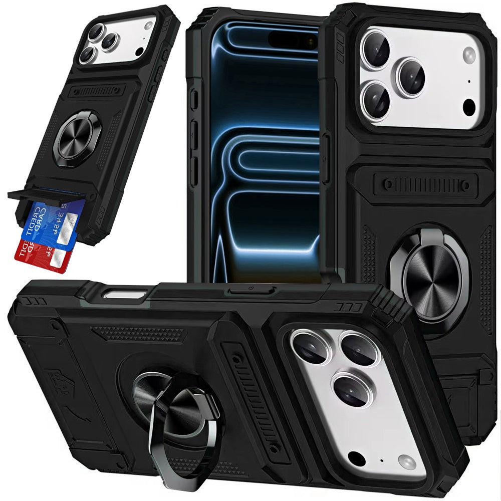 Phone Case for Apple iPhone 18 Pro Max Multi Functional Card Slot Shockproof Metal Ring Hybrid Wallet Rugged Protective Grip Heavy Duty Durable Cover Black