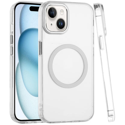 For Apple iPhone 14 Plus Transparent Back Hybrid Case - Magnetic Circle, Color Frame, Metal Buttons, MagSafe Compatible Case Cover