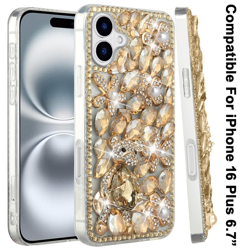 Phone Case for Apple iPhone 16 Plus Luxury Full Diamond Glitter 3D Floral Ornament Hybrid Shockproof Stylish Rhinestone Designer Protective Elegant Cover