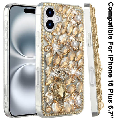 Phone Case for Apple iPhone 16 Plus Luxury Full Diamond Glitter 3D Floral Ornament Hybrid Shockproof Stylish Rhinestone Designer Protective Elegant Cover