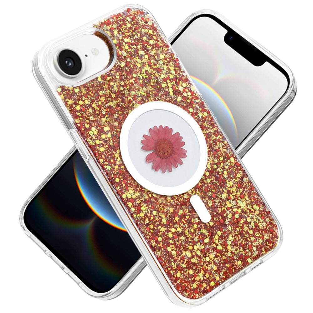 For Apple iPhone 16e MagSafe Compatible Glitter Flower Epoxy Hybrid Slim TPU Case, Magnetic Circle Design, Sparkly Bling Protective Case Cover