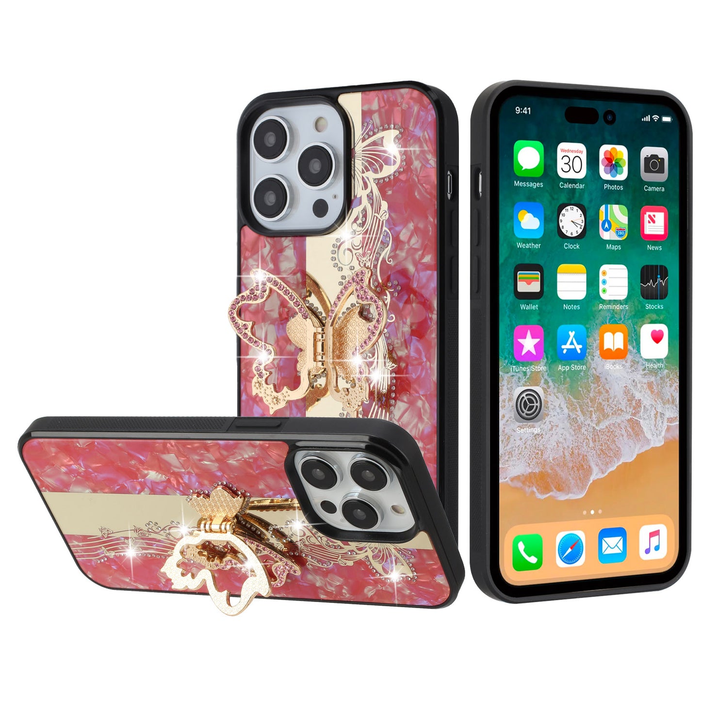 For Motorola Moto G 5G 2025 Diamonds 3D Butterfly Bling Sparkly Glitter Ornaments Engraving Hybrid with Stand Fashion Case Cover Enchanted Butterfly Red