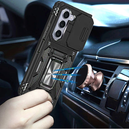 Phone Case for Samsung Galaxy Z Fold 7 Tough Metal Ring Shockproof Sliding Camera Window Hybrid Armor Rugged Anti Slip Heavy Duty Grip Cover Black