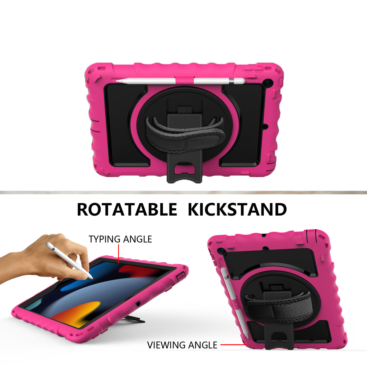 Tablet Case for Apple iPad 9th 8th 7th Gen (10.2 inch) 360 Rotating Hybrid Heavy Duty Kickstand Hand Strap Shoulder Strap Full Body Drop Protection Cover Pink