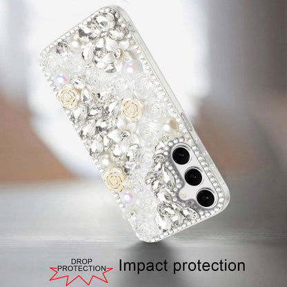For Samsung Galaxy S26 Ultra Fashion Rose Flower Floral, 3D Bling Crystal Full Diamonds Pearl Sparkle Rhinestone Glitter Hybrid Case Cover