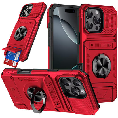 For iPhone 16 Pro Max (6.9") 2X Card Slot Metal Ring Stand Hybrid Shockproof Heavy Duty Drop Protection Multi Functional Design Case Cover Red
