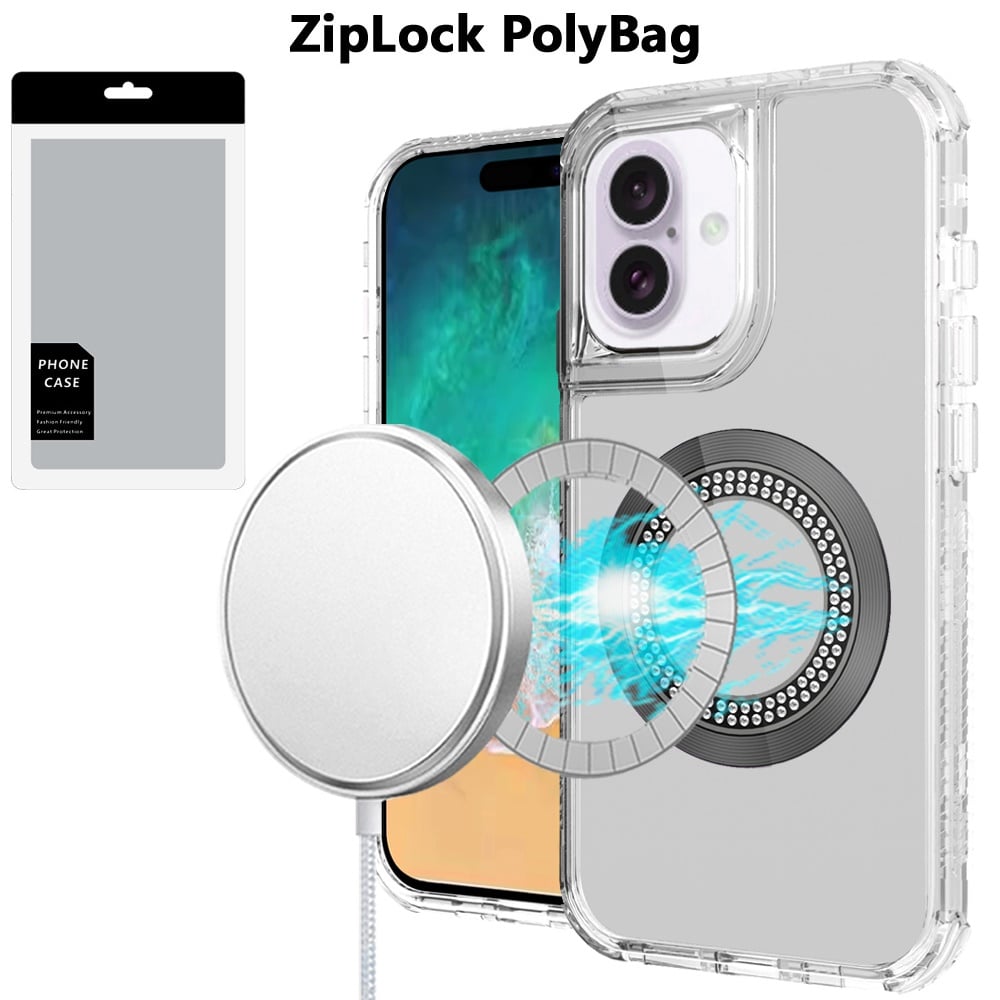For Apple iPhone 16 Plus Magnetic Circle Compatible with Magsafe, Hybrid Chrome 3in1 Transparent Shockproof TPU Bumper Case Cover Clear