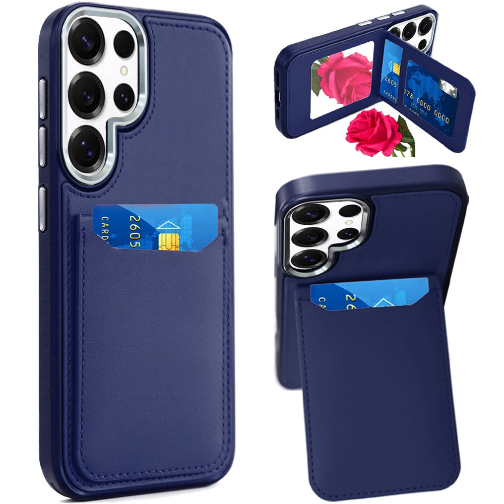 For Samsung Galaxy S23 Ultra PU Leather Wallet Cover with Credit Card Holder, Kickstand & Mirror Inside Slim Fit TPU & PC Hybrid Design Case Cover
