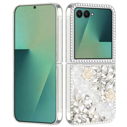 For Samsung Galaxy Z Flip 7 Fashion Rose Flower Floral Bling Crystal 3D Full Diamonds Pearl Sparkle Rhinestone Glitter Hybrid Case Cover
