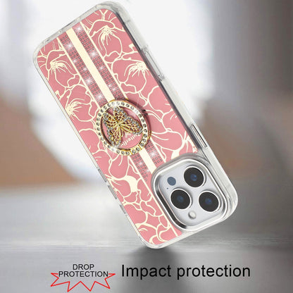 For iPhone 16 Pro Max (6.9") Diamonds 3D Butterfly Floral Design Bling Sparkly Glitter Hybrid Metal Fashion with Ring Stand Case Cover