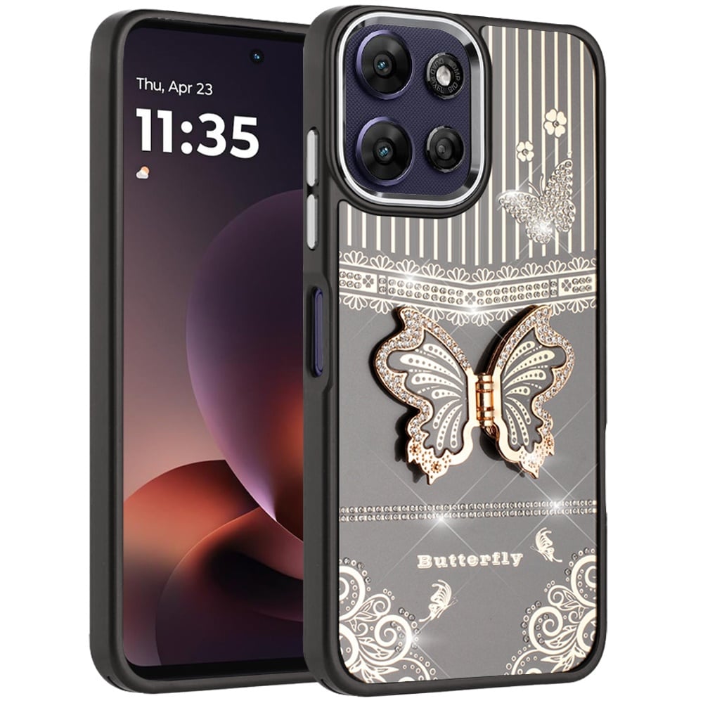 Phone Case for Motorola Moto G Power 5G 2026 /2025 Glitter Bling Butterfly Stand Metallic Edge Hybrid Shockproof Grip Durable Camera Protection Stylish Design Cover