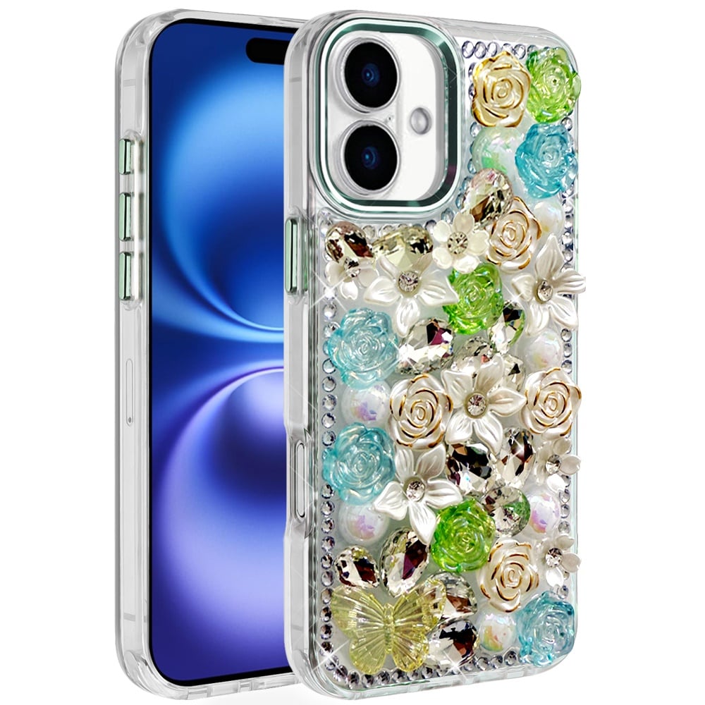 Phone Case for Apple iPhone 17 Luxury Rose Bling Rhinestone Glitter Floral Hybrid Shockproof Stylish Protective Designer Ornament Sparkle Cover Green