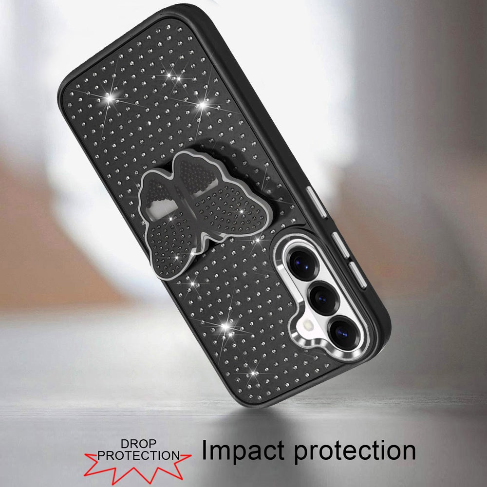 Phone Case for Samsung Galaxy S26 FE /Fan Edition Butterfly Grip Pop Stand Diamond Sparkle Hybrid Shockproof Metal Button Slim Protective Grip Decorative Design Cover