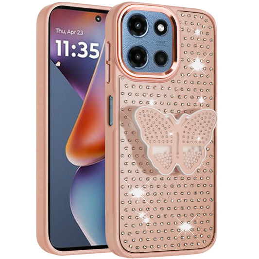 Phone Case for Motorola Moto G 5G 2026 / 2025 Butterfly Grip Pop Stand Diamond Sparkle Hybrid Shockproof Metal Button Slim Protective Grip Decorative Design Cover Rose Gold