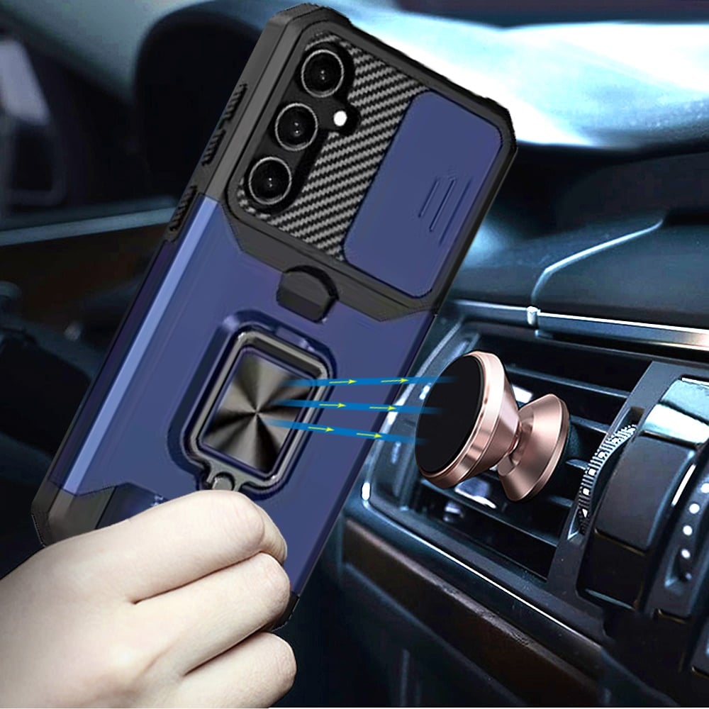 Phone Case for Samsung Galaxy S25 FE, S25 Fan Edition Card Holder Magnetic Ring Stand Shockproof Anti Slip Wallet Grip Protective Hybrid Design Cover Blue