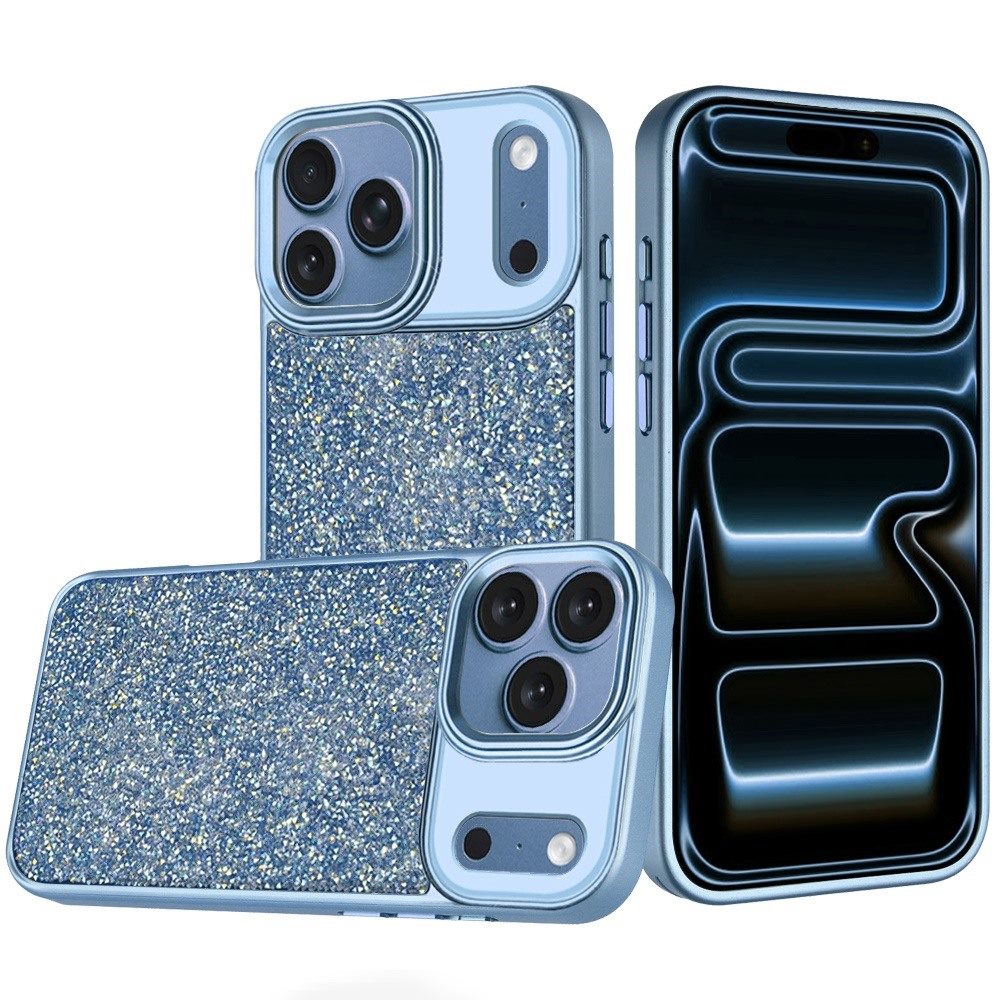 Phone Case for Apple iPhone 18 Pro/ iPhone 17 Pro Crystal Glass Bling Diamond Metallic Edge Shockproof Durable Protective Clear Hybrid Stylish Premium Design Cover Blue