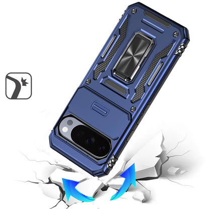 Phone Case for Google Pixel 11 Pro XL Tough Metal Ring Shockproof Sliding Camera Window Hybrid Armor Rugged Anti Slip Heavy Duty Grip Cover