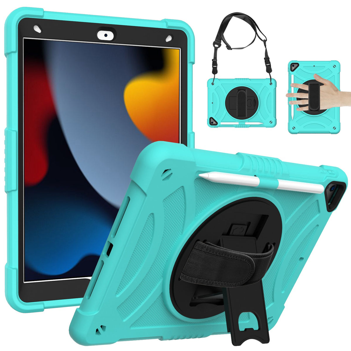 For 3-in-1 Tough Hybrid Shockproof Protector Silicone TPU with Pencil Holder, Kickstand, Hand & Shoulder Strap Teal Tablet Case Cover