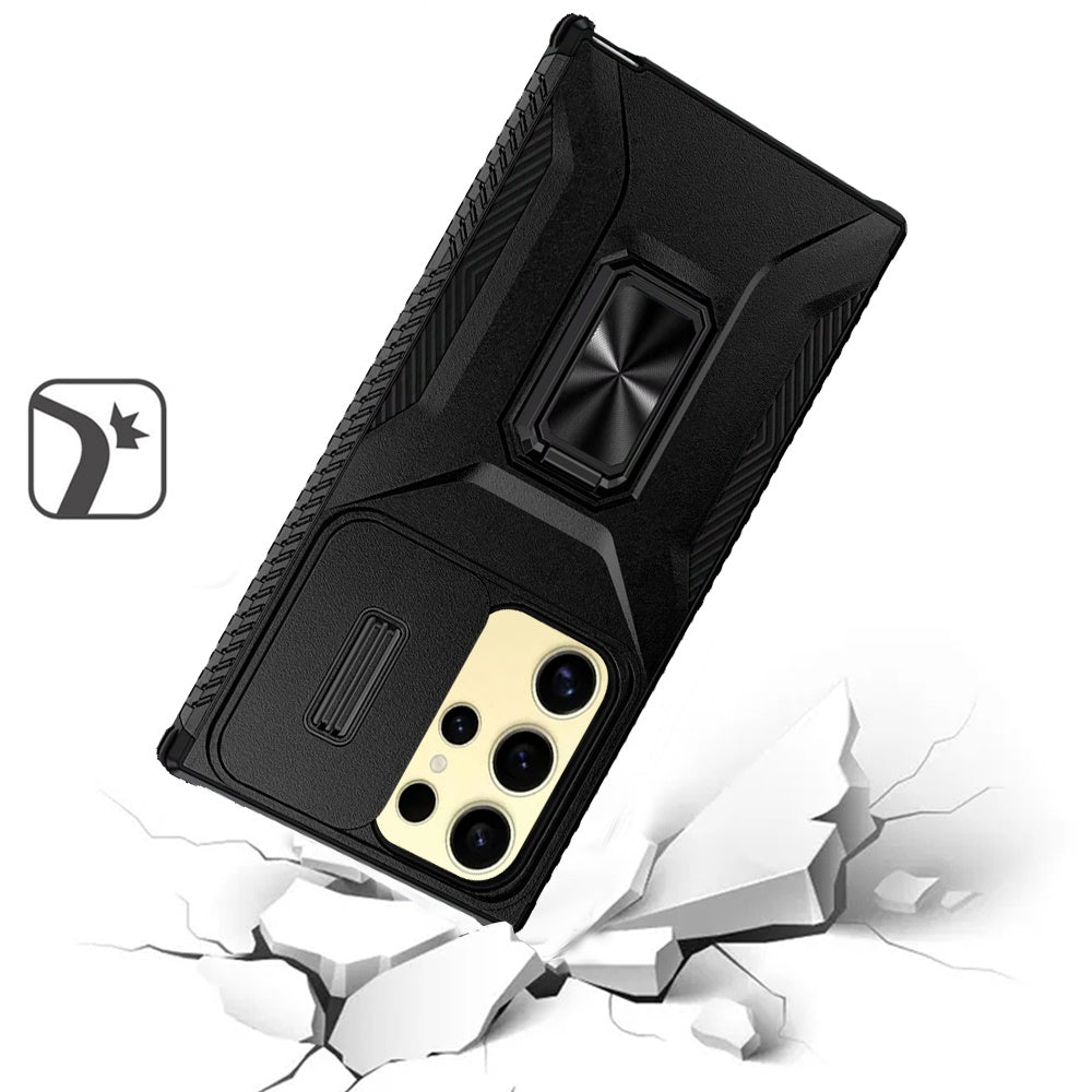 For Samsung Galaxy S23 Ultra Case, Camera Cover with Magnetic Rotation Ring Stand, Military Grade Hybrid Hard TPU Shockproof Case Cover Black