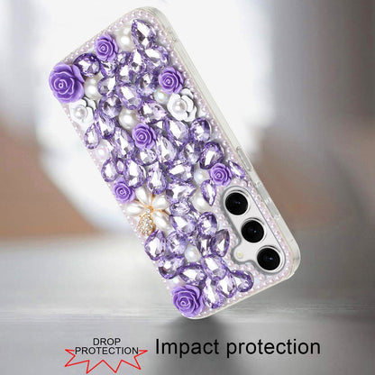 For Apple iPhone 17E /16E Fashion Rose Flower Floral, 3D Bling Crystal Full Diamonds Pearl Sparkle Rhinestone Glitter Hybrid Case Cover Purple