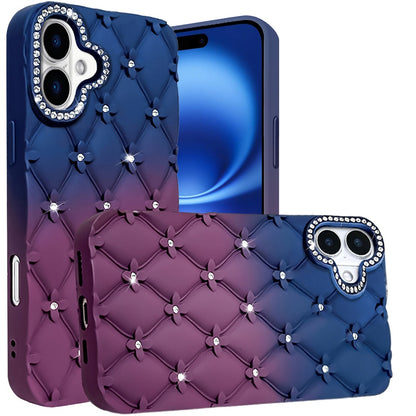 For Apple iPhone 17 (6.3") Fashion Flower Design Sparkle Glitter Shimmer Rhinestone Bling Floral Accents, Leather Texture TPU Case Cover