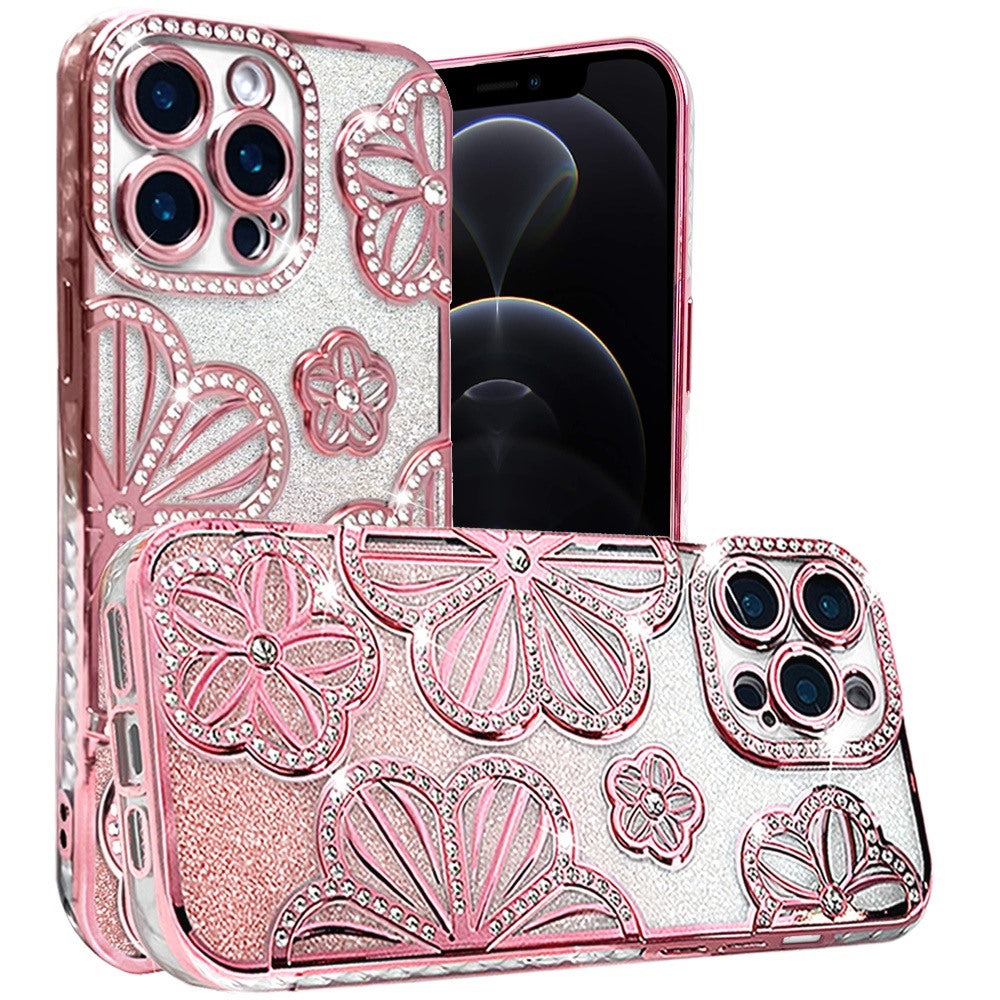 For Samsung Galaxy A16 Luxury Flower Design Sparkle Glitter Diamond Rhinestone Shimmer Bling Plating Thick TPU Hard PC Case Cover Flower Rose Gold