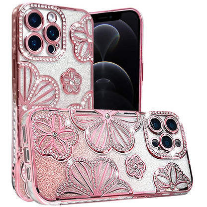 For Samsung Galaxy A16 Luxury Flower Design Sparkle Glitter Diamond Rhinestone Shimmer Bling Plating Thick TPU Hard PC Case Cover Flower Rose Gold