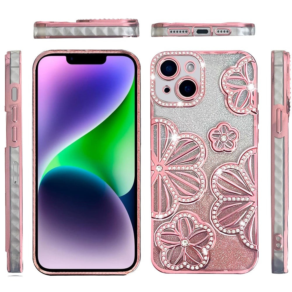 Phone Case for Apple iPhone 14/13 Shimmer Glitter Floral Thick TPU Shockproof Durable Grip Camera Protection Anti-Scratch Stylish Design Cover Rose Gold