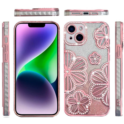 Phone Case for Apple iPhone 14/13 Shimmer Glitter Floral Thick TPU Shockproof Durable Grip Camera Protection Anti-Scratch Stylish Design Cover Rose Gold