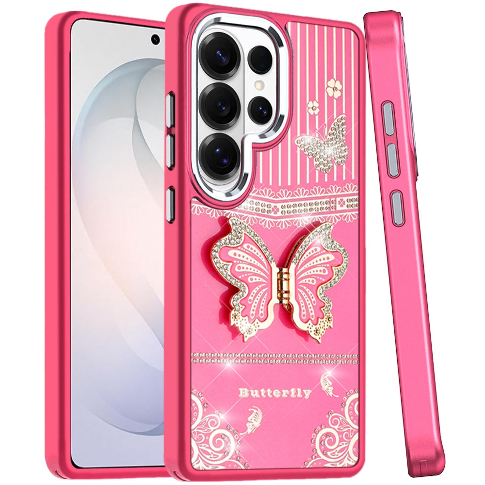 For Samsung Galaxy S26 Ultra Glitter 3D Butterfly Design Bling Metallic Edge Hybrid Stand Drop Protection TPU Shockproof Case Cover