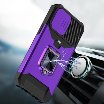 For Apple iPhone 16e Wallet Case with Ring Stand & Slide Camera Cover Back Credit Card Slot Holder, Military Grade Case Cover Purple
