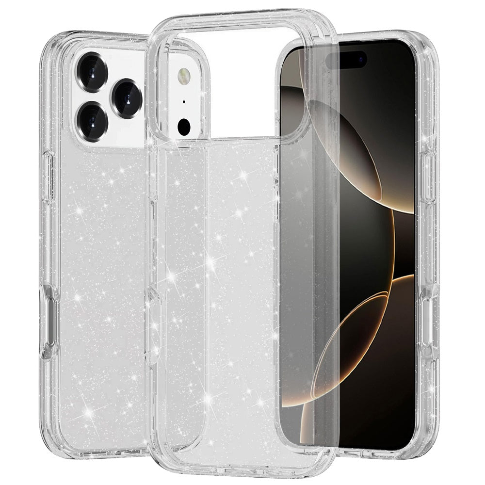 For Apple iPhone 17 Pro Transparent Glitter Shiny Sparkle Bling TPU Rubber Hard Back Hybrid Frame Shockproof Case Cover