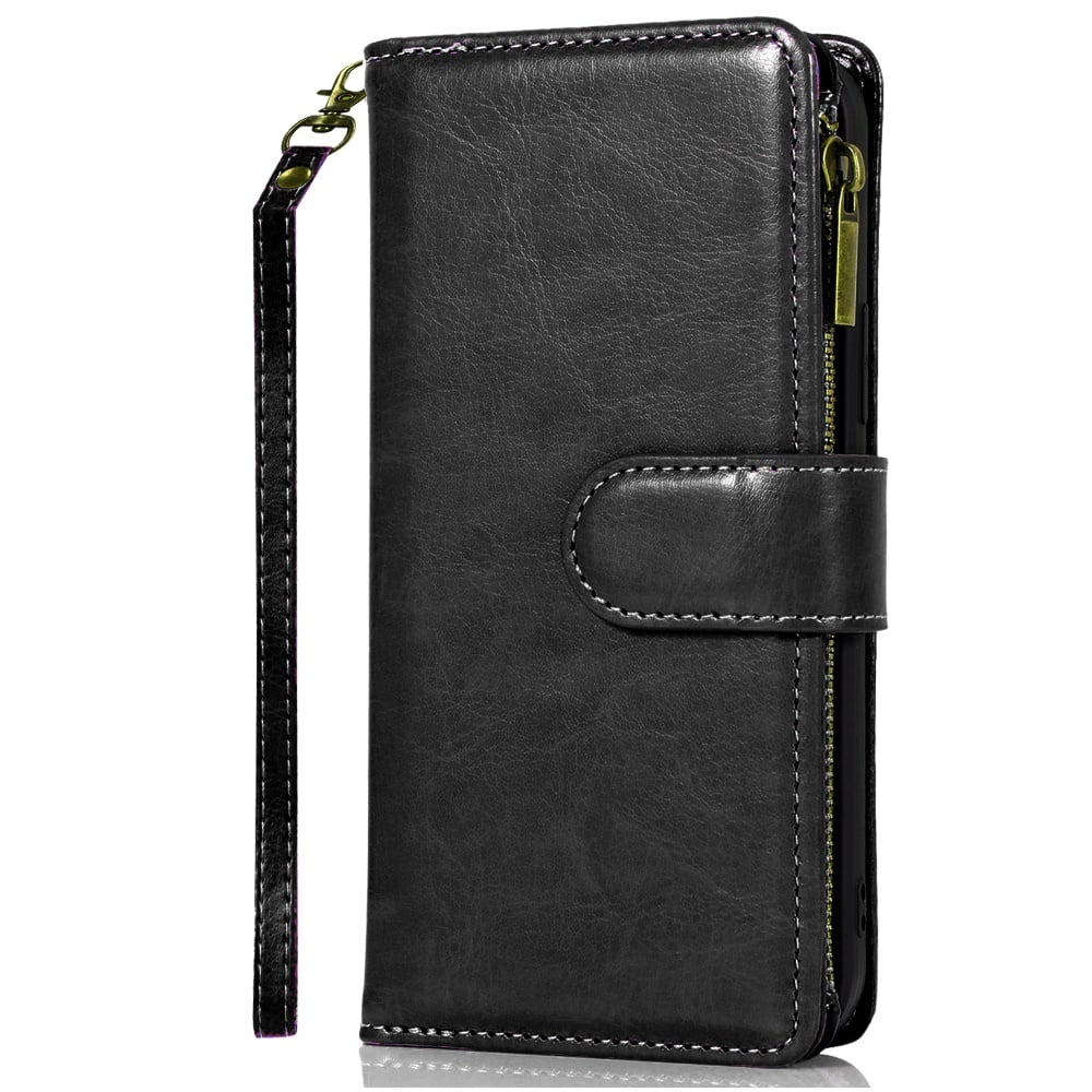 Phone Case for Galaxy S20+ Plus Luxury Leather Wallet Card Holder Zipper Pocket Money Storage Protective Grip Design with Strap Cover Black